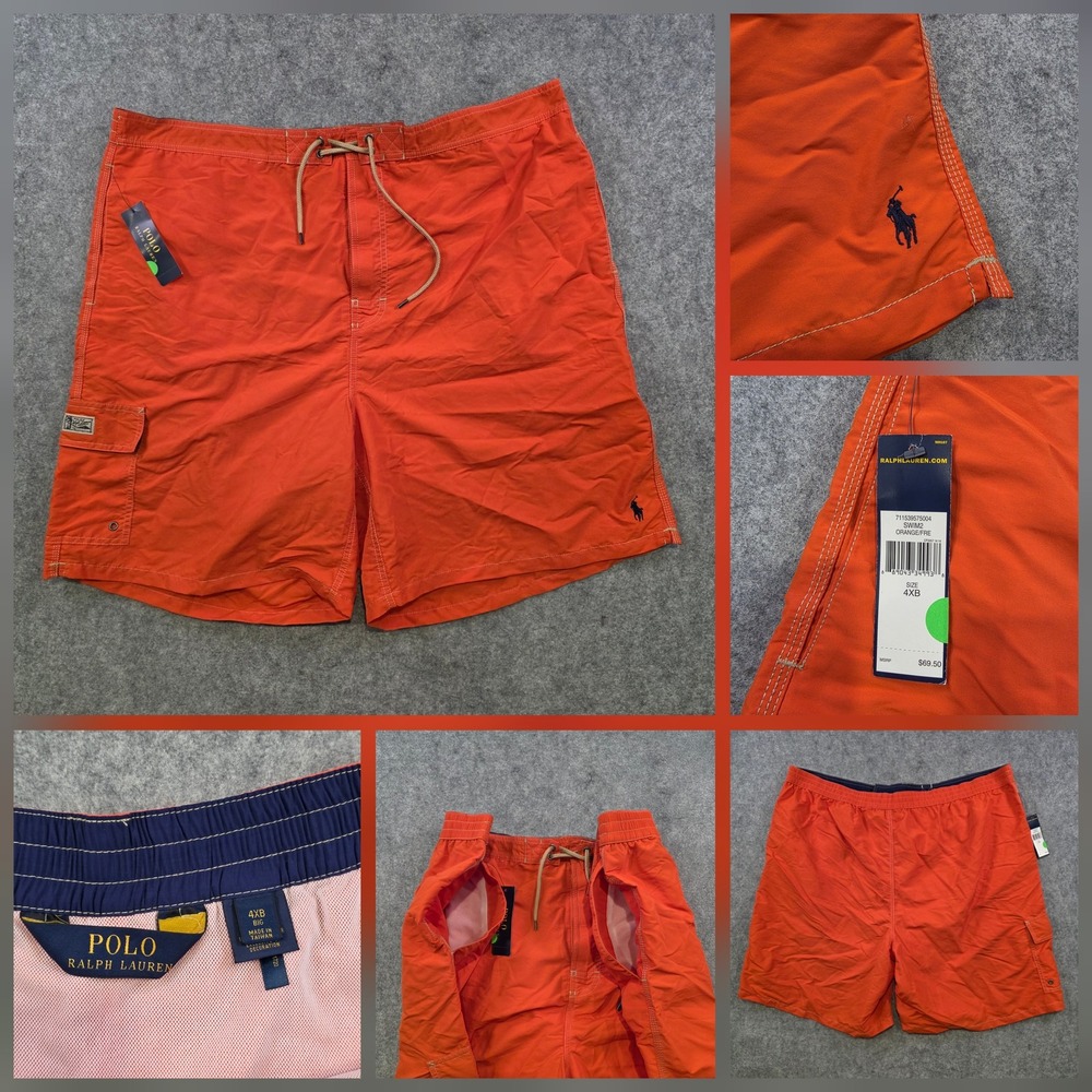 Polo Ralph Lauren Swim Trunks Mens Big 4X Orange Mesh Lined Pockets Drawstring
